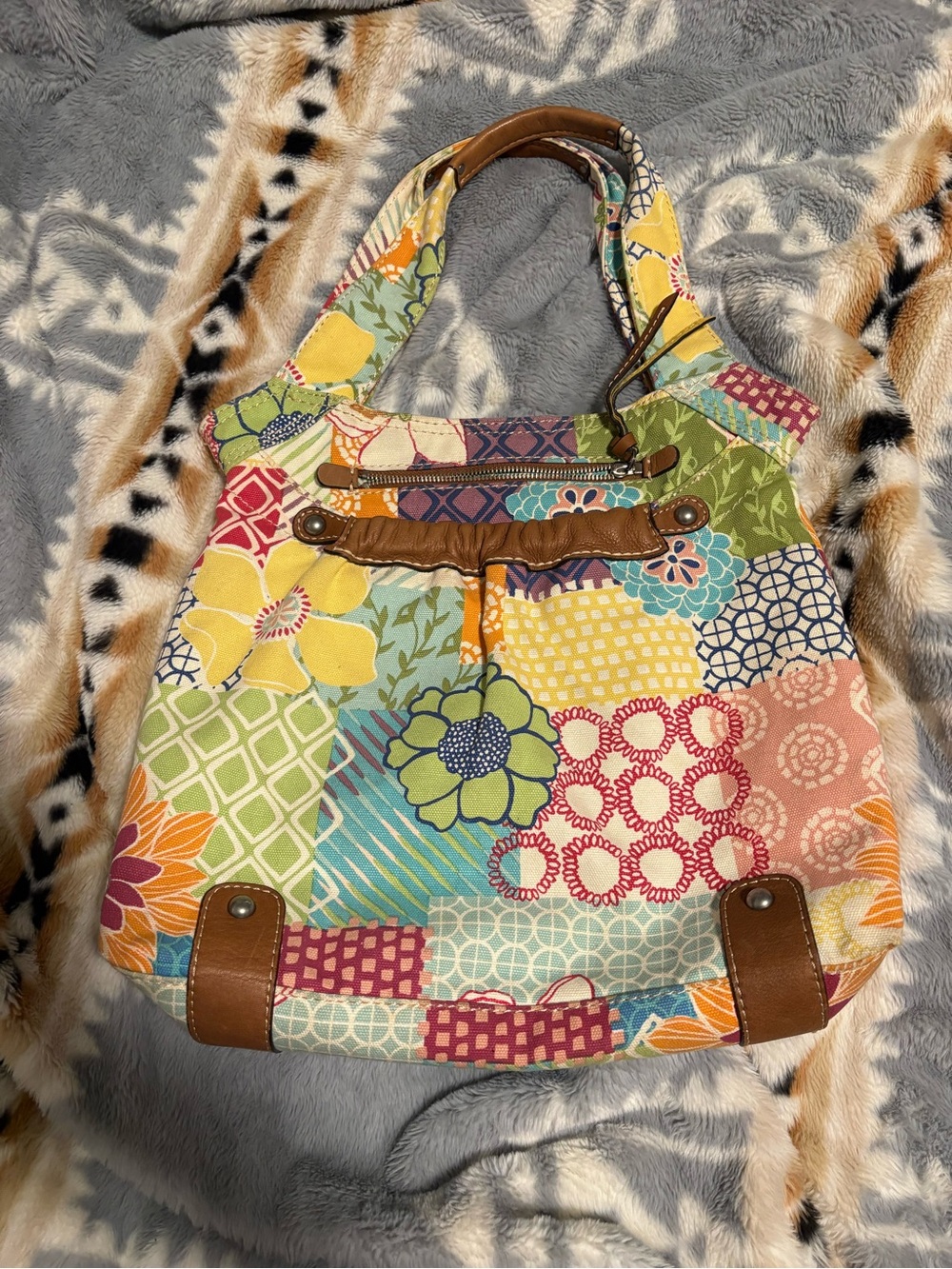 Fossil Multi-Color Patchwork Floral Tote in Yellow, Green, Blue, Pink, Brown